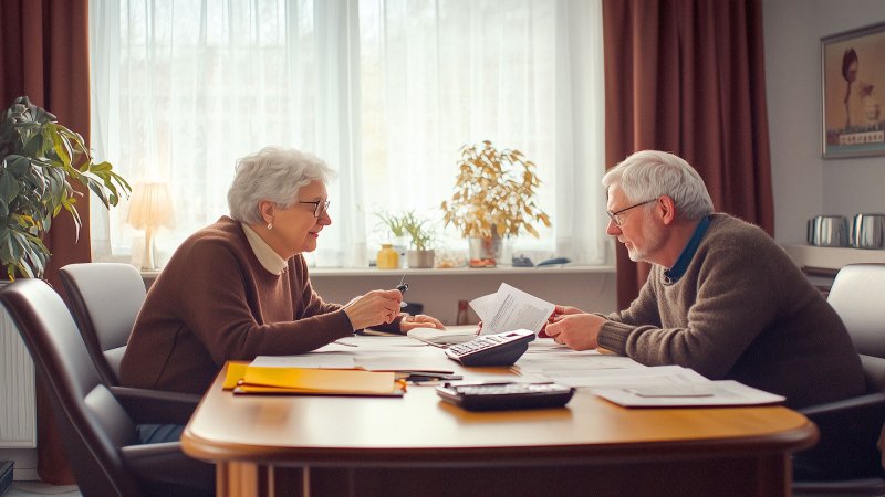 Älteres Paar bespricht Immobilienunterlagen am Tisch