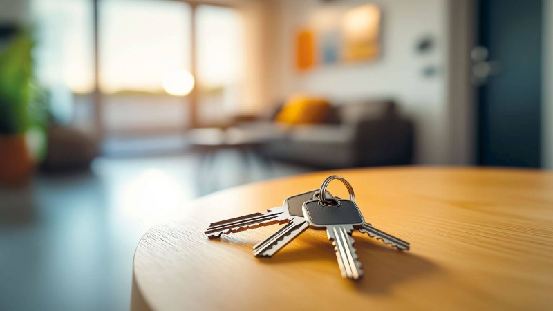 Schlüsselbund liegt auf Holztisch vor unscharfem Wohnzimmer