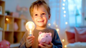 Kind hält Glühbirne und Sparschwein in gemütlichem Raum