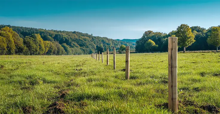 Weite grüne Wiese mit Holzpfosten und Wald im Hintergrund