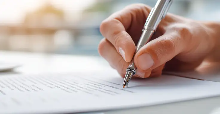 Hand unterzeichnet einen Immobilienverkaufsvertrag