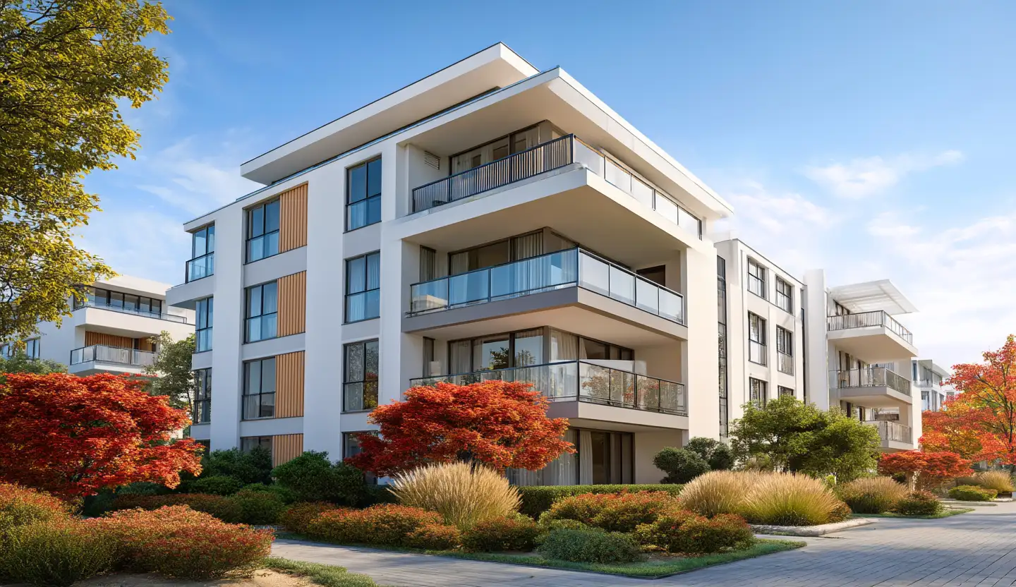 Mehrstöckiges Wohngebäude mit Balkonen und Garten