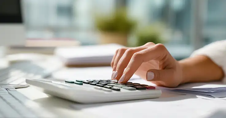 Hand tippt auf Taschenrechner auf einem Schreibtisch