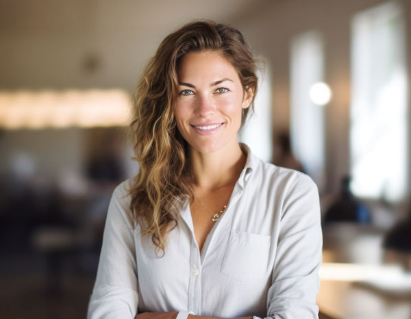 Lächelnde Frau in weißem Hemd im Büro