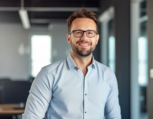 Lächelnder Mann mit Brille im modernen Büro